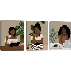 ALAYRA Black Woman Art, Book Lover Art, Black Girl Art Print, African American Art, Boho Wall Set, Black Woman Prints, Female Portrait Poster, Woman reading book art, Set of 3 Framed Black Art 01