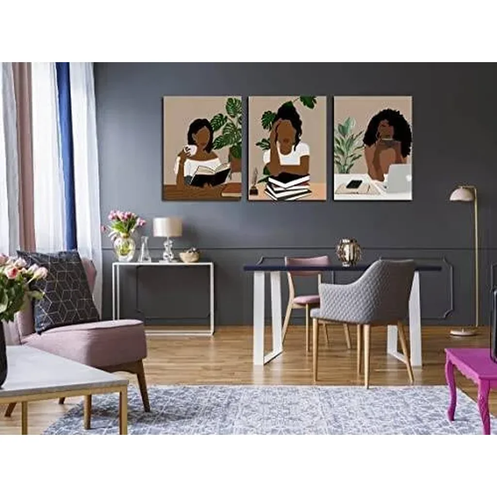 ALAYRA Black Woman Art, Book Lover Art, Black Girl Art Print, African American Art, Boho Wall Set, Black Woman Prints, Female Portrait Poster, Woman reading book art, Set of 3 Framed Black Art 01 - Image 2