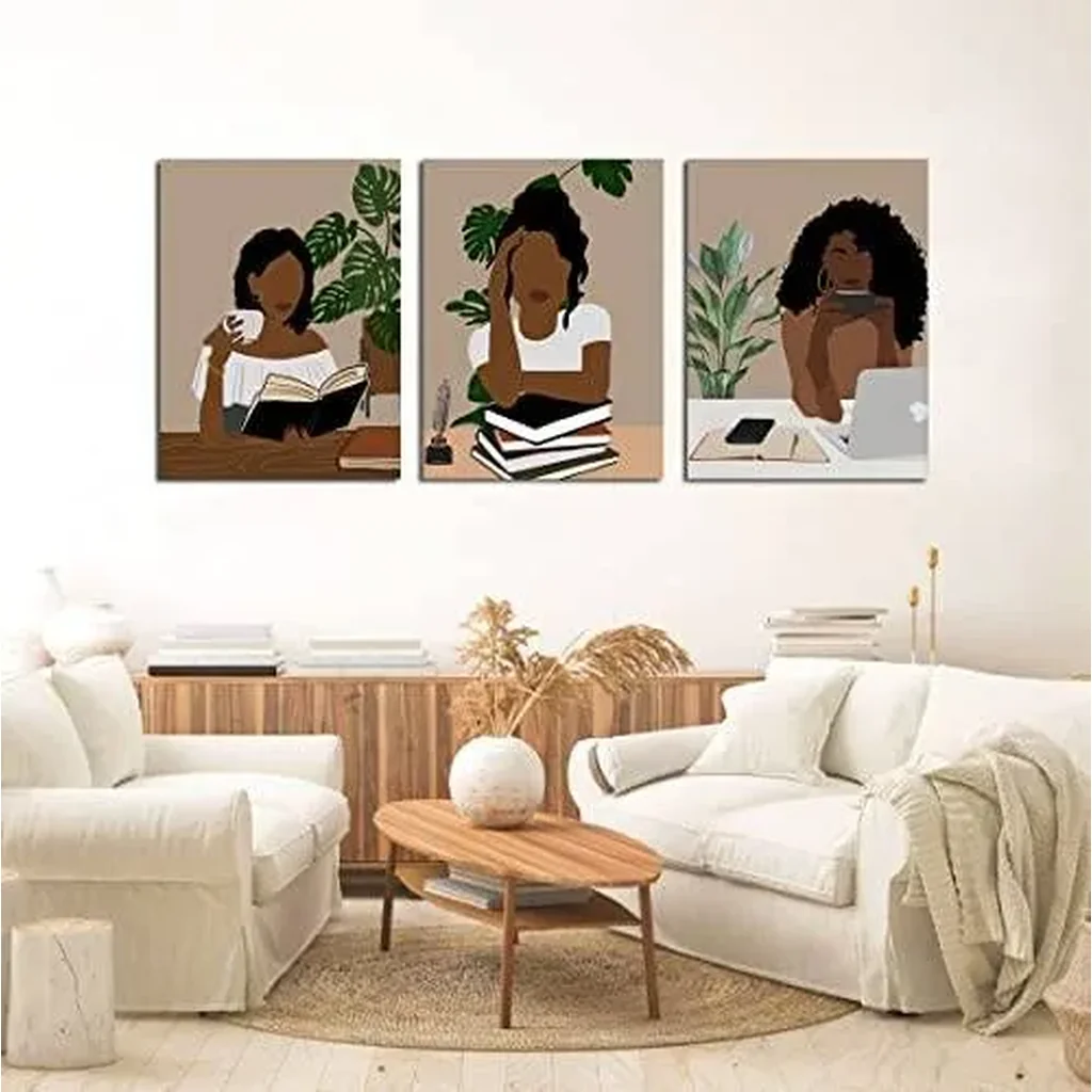 ALAYRA Black Woman Art, Book Lover Art, Black Girl Art Print, African American Art, Boho Wall Set, Black Woman Prints, Female Portrait Poster, Woman reading book art, Set of 3 Framed Black Art 01 - Image 3