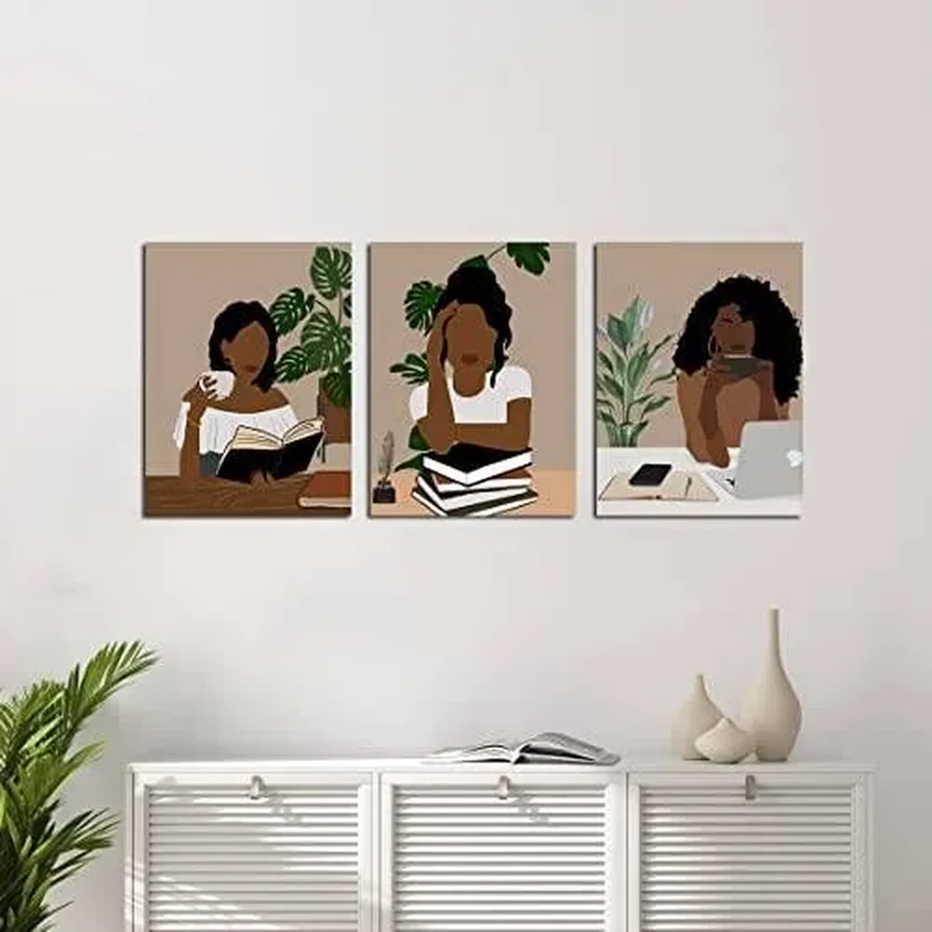 ALAYRA Black Woman Art, Book Lover Art, Black Girl Art Print, African American Art, Boho Wall Set, Black Woman Prints, Female Portrait Poster, Woman reading book art, Set of 3 Framed Black Art 01 - Image 4