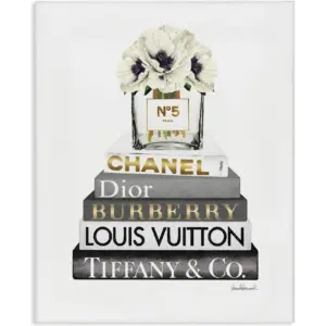 ALAYRA Blooming White Floral Display on Glam Designer Bookstack Wall Art, 16 x 20, Gallery Wrapped Canvas 01