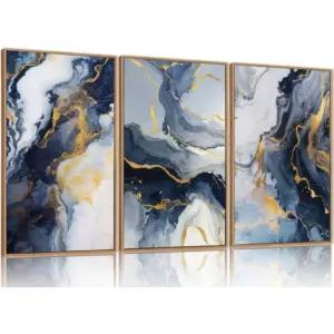 ALAYRA Blue Abstract Framed Canvas Wall Art Set, Blue Golden Aesthetic Wall Decor, Navy Blue Gold Wall Painting, Neutral Modern Art Print for Living Room, Bedroom, Dining Room, Office12x16inchx3pcs 01