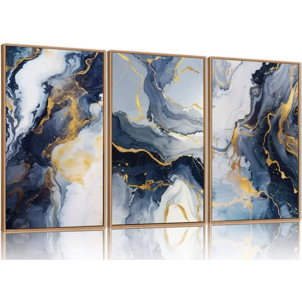 ALAYRA Blue Abstract Framed Canvas Wall Art Set, Blue Golden Aesthetic Wall Decor, Navy Blue Gold Wall Painting, Neutral Modern Art Print for Living Room, Bedroom, Dining Room, Office12x16inchx3pcs 01