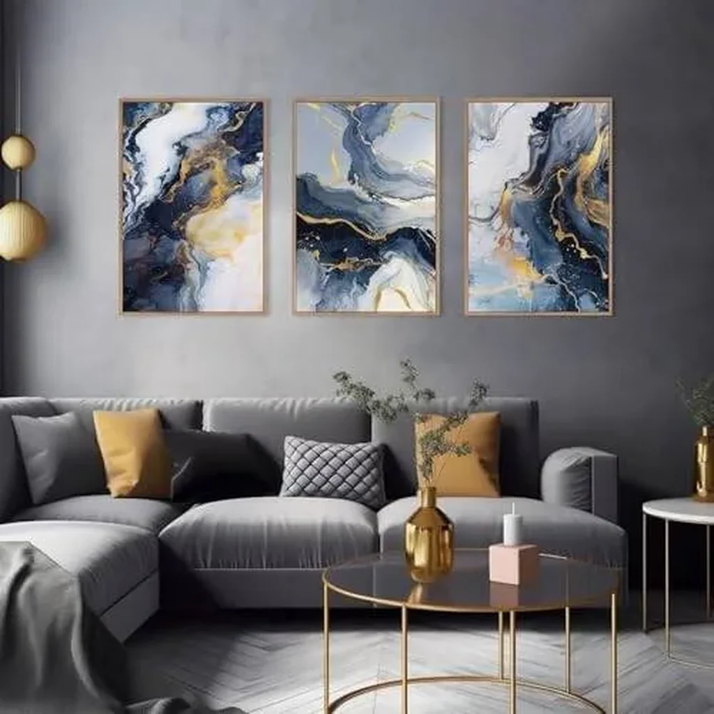 ALAYRA Blue Abstract Framed Canvas Wall Art Set, Blue Golden Aesthetic Wall Decor, Navy Blue Gold Wall Painting, Neutral Modern Art Print for Living Room, Bedroom, Dining Room, Office12x16inchx3pcs 01 - Image 2