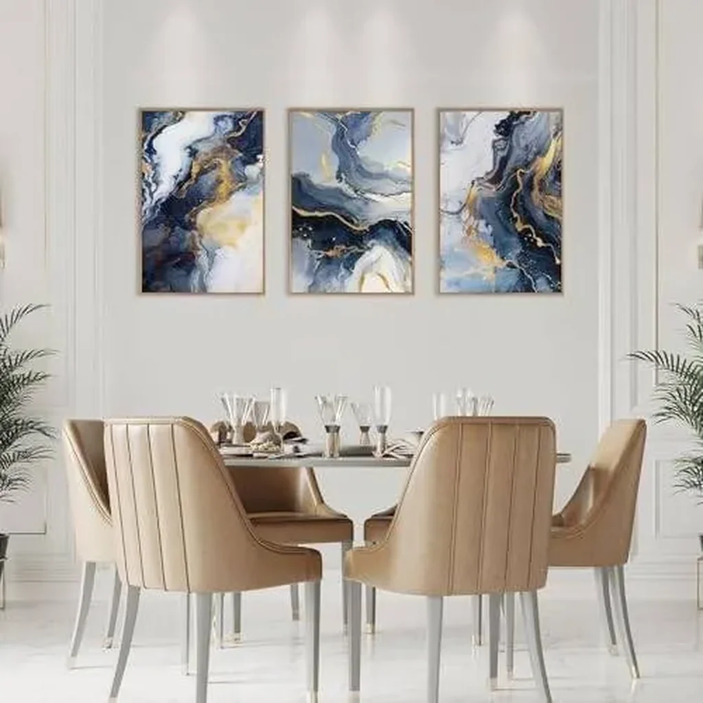 ALAYRA Blue Abstract Framed Canvas Wall Art Set, Blue Golden Aesthetic Wall Decor, Navy Blue Gold Wall Painting, Neutral Modern Art Print for Living Room, Bedroom, Dining Room, Office12x16inchx3pcs 01 - Image 4