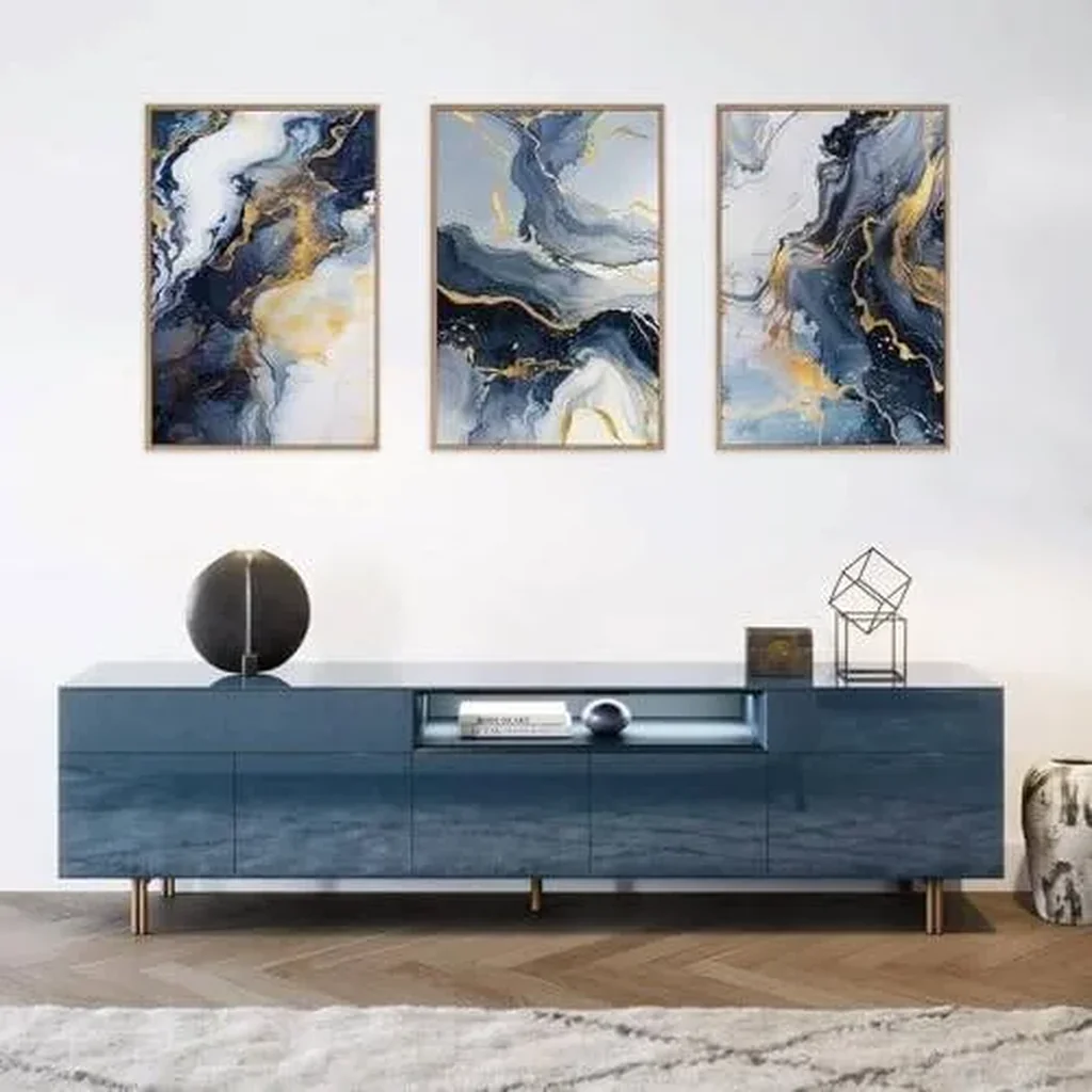 ALAYRA Blue Abstract Framed Canvas Wall Art Set, Blue Golden Aesthetic Wall Decor, Navy Blue Gold Wall Painting, Neutral Modern Art Print for Living Room, Bedroom, Dining Room, Office12x16inchx3pcs 01 - Image 5