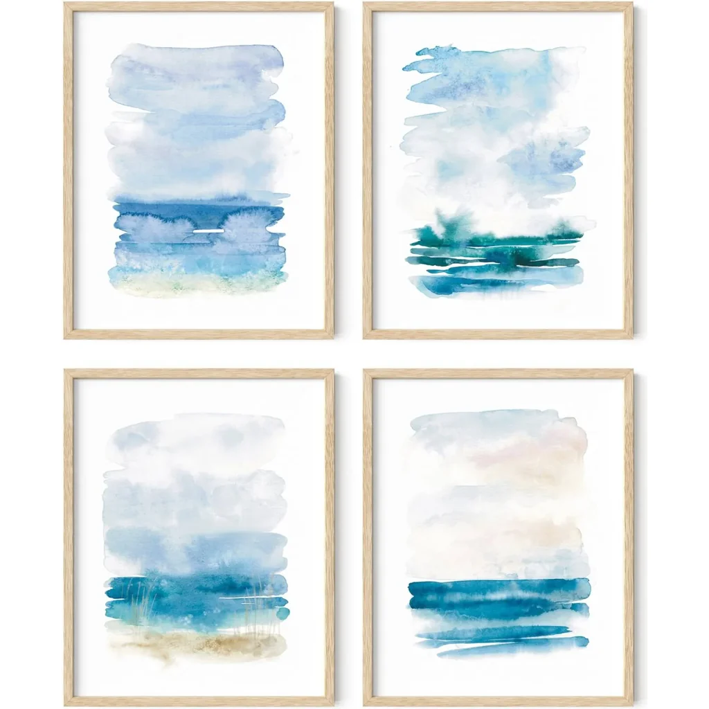 ALAYRA Blue Abstract Wall Art Set of 4 Seascape Prints, Modern Abstract Decor, Framed Blue Artwork for Walls (Beige Frame, 11x14) 01