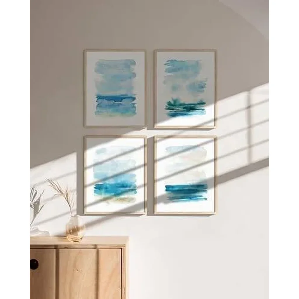 ALAYRA Blue Abstract Wall Art Set of 4 Seascape Prints, Modern Abstract Decor, Framed Blue Artwork for Walls (Beige Frame, 11x14) 01 - Image 3