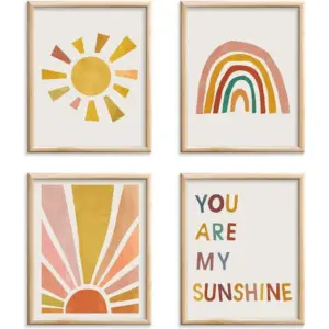 ALAYRA Boho Nursery Decor Boho Rainbow Decor You Are My Sunshine Wall Decor Boho Wall Art Prints for Wall Decor, Kids Wall Decor, Rainbow Decor for Girls Bedroom Unframed Art Prints Set of 4 (Boho Rai