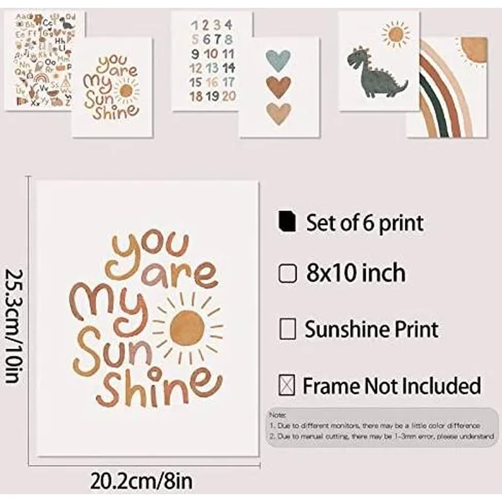 ALAYRA Boho Nursery Decor You Are My Sunshine Unframed Art Prints Decor 8 x10 inch Set of 6 Boho Rainbow Decor for Girls Bedroom Alphabet playroom wall decor (Sunshine, 8'' x 10'') 01 - Image 5