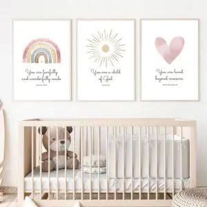 ALAYRA Boho Nursery Wall Art 3 Pieces Bible Verse Nursery Art Christian Girls Nursery Wall Art Heart Rainbow Sun Nursery Art Print Boho Sunshine Decor for Girl Baby Kid Room Decor 12x16 Inch Unframed