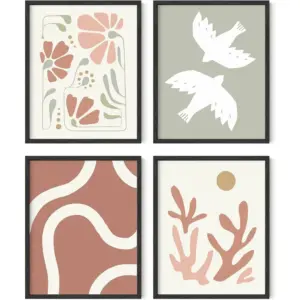 ALAYRA Boho Posters - Set of 4 Nature Wall Prints, Neutral Art, Minimal Art Print, Modern Gallery Wall, Botanical Print, Coral and Green, Boho Posters For Room Aesthetic, (8x10, Unframed) 01