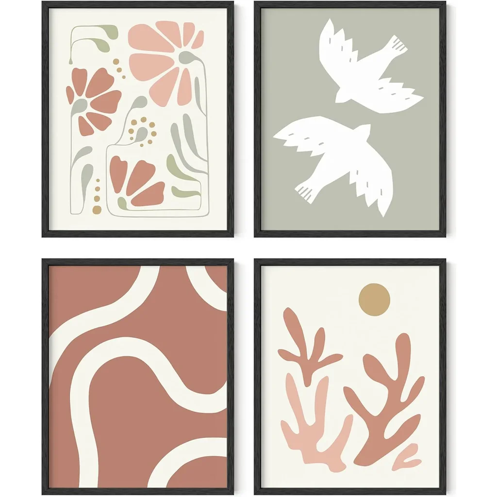 ALAYRA Boho Posters - Set of 4 Nature Wall Prints, Neutral Art, Minimal Art Print, Modern Gallery Wall, Botanical Print, Coral and Green, Boho Posters For Room Aesthetic, (8x10, Unframed) 01