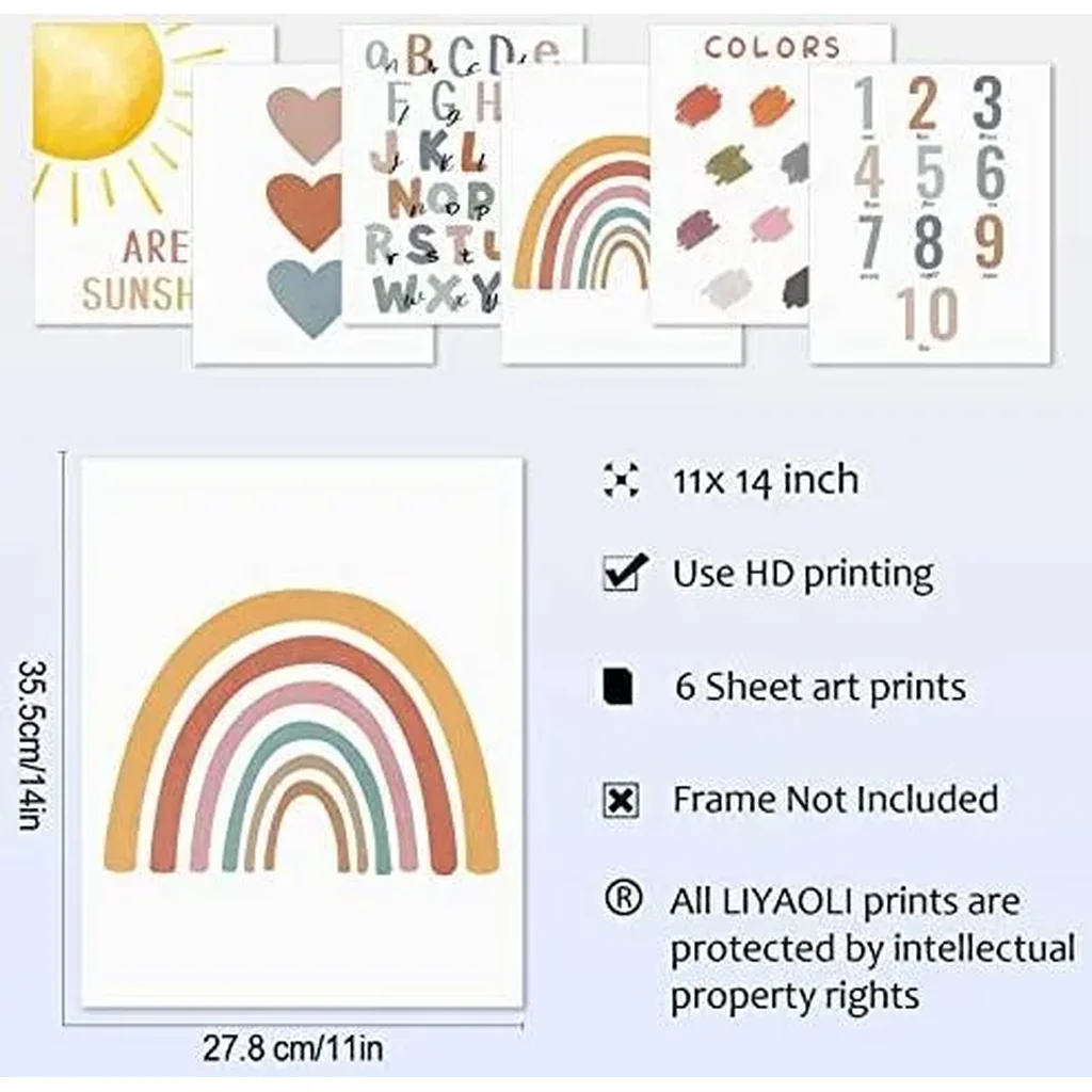 ALAYRA Boho Rainbow Classroom Decor You Are My Sunshine Wall Decor Alphabet Poster for Toddlers Wall Art Print 11 x 14 inch Set of 6 Unframed Nursery Decor Neutral Playroom Wall Decor 01 - Image 6