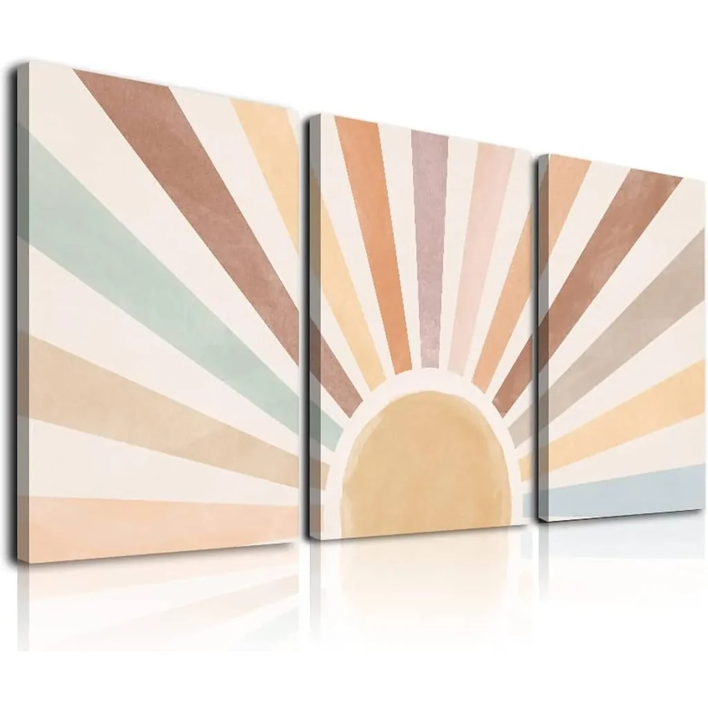 ALAYRA Boho Sun Wall Art Set of 3, Framed Canvas Wall Art Rainbow Sun Rising on the Horizon Geometric Nature Illustrations Line Art Wall, Mid-Century Modern Prints Boho Wall Decor for Living Room, Bed
