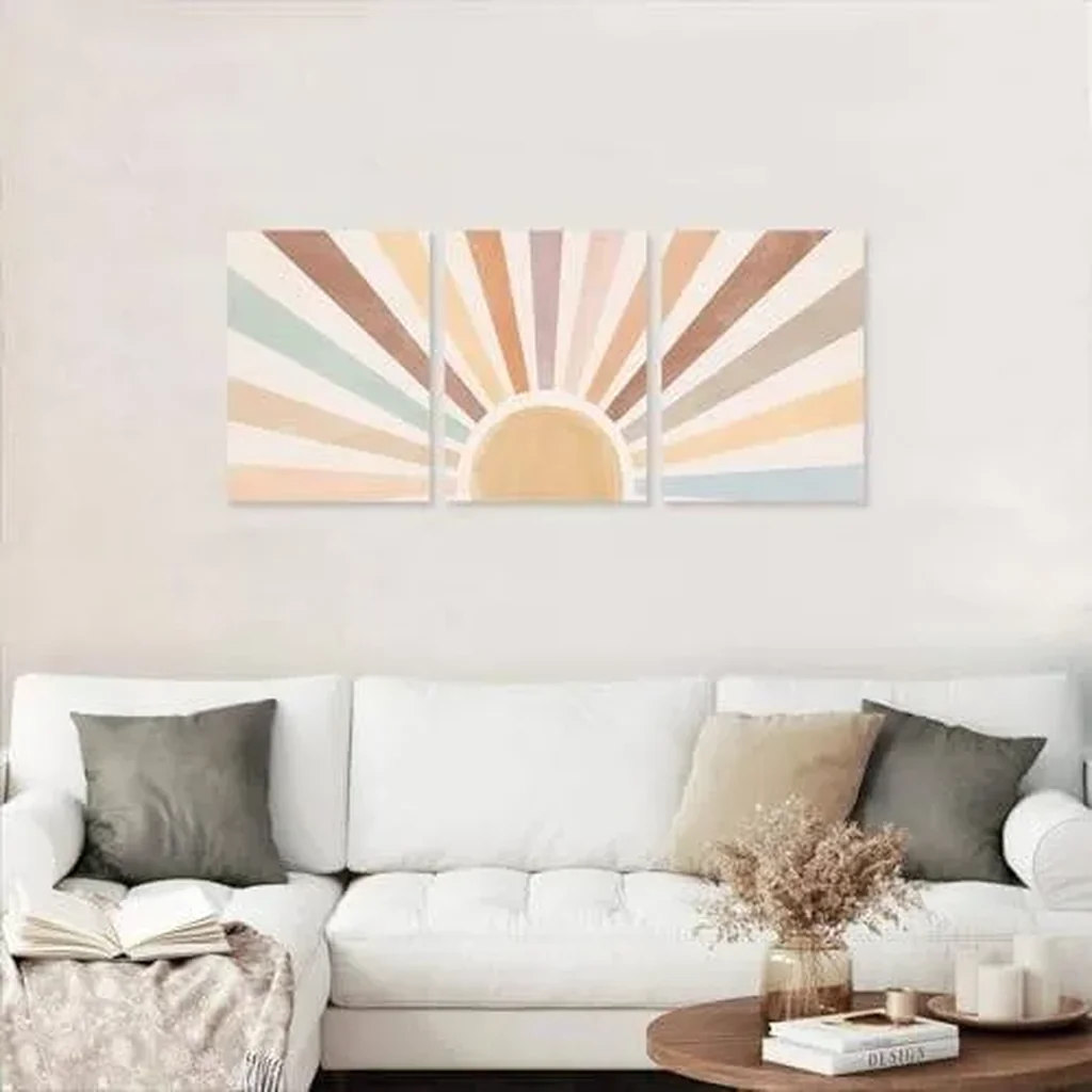 ALAYRA Boho Sun Wall Art Set of 3, Framed Canvas Wall Art Rainbow Sun Rising on the Horizon Geometric Nature Illustrations Line Art Wall, Mid-Century Modern Prints Boho Wall Decor for Living Room, Bed - Image 2