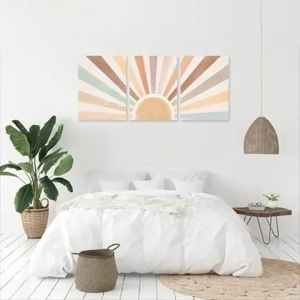 ALAYRA Boho Sun Wall Art Set of 3, Framed Canvas Wall Art Rainbow Sun Rising on the Horizon Geometric Nature Illustrations Line Art Wall, Mid-Century Modern Prints Boho Wall Decor for Living Room, Bed - Image 3