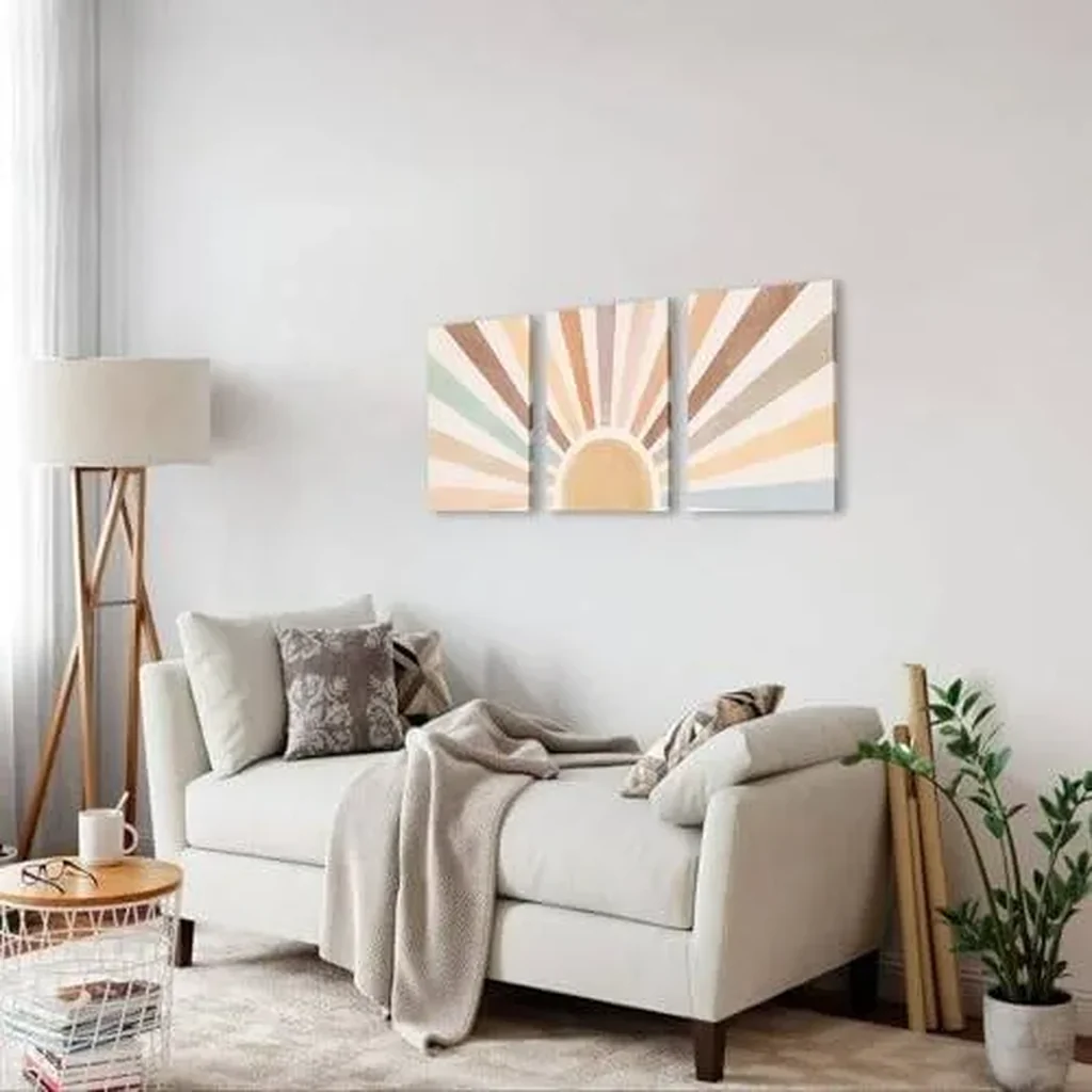 ALAYRA Boho Sun Wall Art Set of 3, Framed Canvas Wall Art Rainbow Sun Rising on the Horizon Geometric Nature Illustrations Line Art Wall, Mid-Century Modern Prints Boho Wall Decor for Living Room, Bed - Image 4
