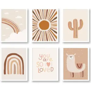 ALAYRA Boho Wall Art Baby Nursery Wall Decor Canvas Prints Set of 6 Unframed Girl Nursery Boho Rainbow Decor Boho Wall Art Pictures for Baby Room Decor 01