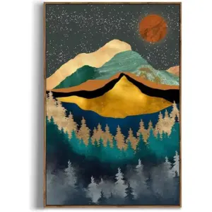ALAYRA Boho Wall Art for Bedroom - Large Oversize Unframed Rolled Canvas 24x36 Living Room - Modern Boho Moody Room Decor - Texured Metallic Mountain Moon Sun - Emerald Green Marble Golden Nature Tree