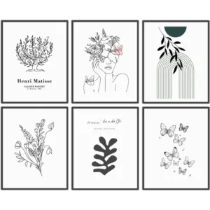 ALAYRA Boho Wall Art for Bedroom Decor, Minimalist Line Art Prints of Leaf Woman, Set of 6, 8x10, Unframed 01