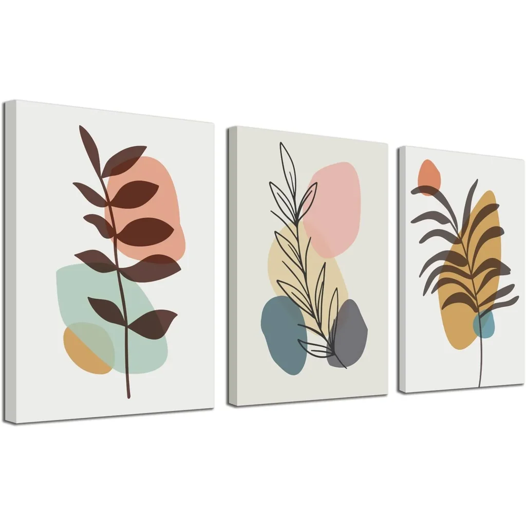 ALAYRA Boho Wall Art for Bedroom Mid Century Modern Wall Art Neutral Minimalist Boho Leaf Canvas Prints Natural Pictures Framed for Bathroom Living Room Decor 3 Panels 12"X16" 01