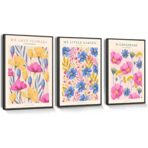 ALAYRA Boho Wall Art Framed, Floral Art Decor for Living Room, Set of 3, Minimalist Floral Prints for Room Aesthetic, Farmhouse Still Life Painting Wall Decor for Bedroom, Bathroom, Office, 12x16 Inch
