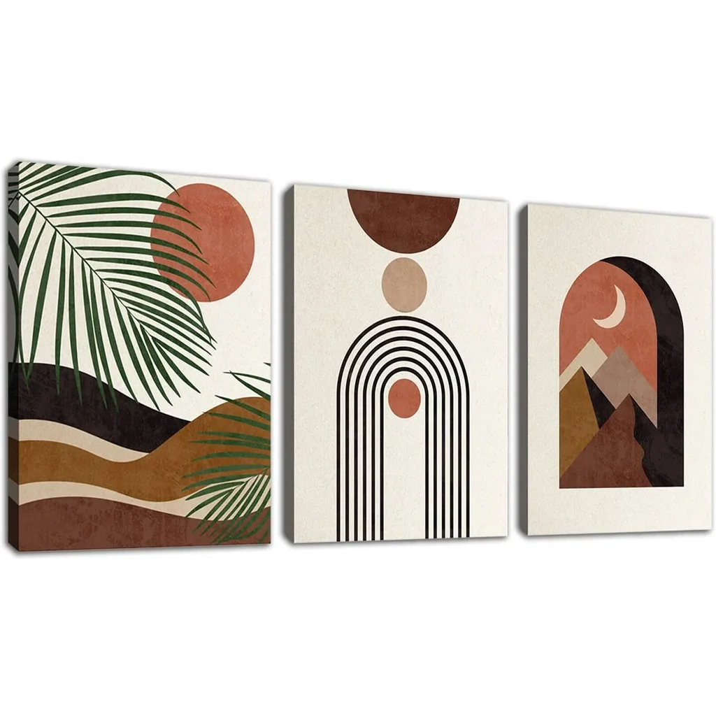 ALAYRA Boho Wall Art Mid Century Boho Canvas Pictures Minimalist Abstract Botanical Geometric Sun Moon Mountain Leaf Modern Canvas Artwork Living Room Bedroom Home Office Wall Decor 16"x24"x3 Pcs 01
