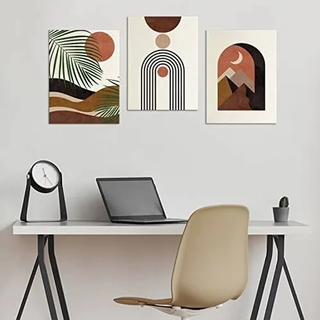 ALAYRA Boho Wall Art Mid Century Boho Canvas Pictures Minimalist Abstract Botanical Geometric Sun Moon Mountain Leaf Modern Canvas Artwork Living Room Bedroom Home Office Wall Decor 16"x24"x3 Pcs 01 - Image 3