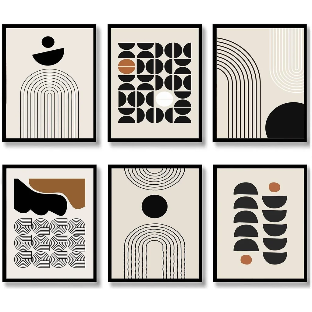ALAYRA Boho Wall Art Mid-Century Modern Decor Minimalist Wall Art Posters Unframed Geometric Abstract Canvas Wall Art Living Room Bedroom Bathroom Boho Wall Decor (Neutral Boho) 01