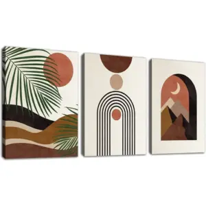 ALAYRA Boho Wall Art Minimalist Geometric Canvas Wall Pictures Abstract Mid Century Wall Decor Bohemian Moon Sun Mountain Leaf for Living Room Bedroom Bathroom Home Office 12"X16"X3 Pcs 01