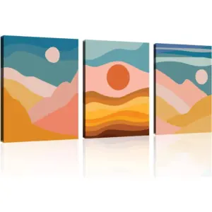 ALAYRA Boho Wall Art Set of 3 Boho Wall Art Minimalist Mid Century Wall Art Neutral Abstract Beige Orange Art Framed Canvas Prints Artwork 12" X 16" Ready to Hang for Bathroom Bedroom Wall Decor 01