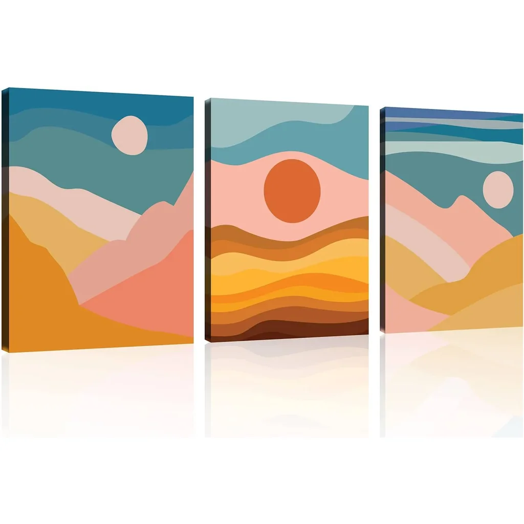 ALAYRA Boho Wall Art Set of 3 Boho Wall Art Minimalist Mid Century Wall Art Neutral Abstract Beige Orange Art Framed Canvas Prints Artwork 12" X 16" Ready to Hang for Bathroom Bedroom Wall Decor 01