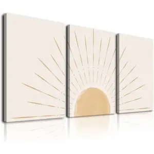 ALAYRA Boho Wall Art Set of 3, Framed Canvas Wall Art Yellow Sun Rising on the Horizon Geometric Nature Illustrations Line Art Wall, Office, 12"x16" Natural 01