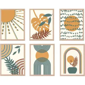 ALAYRA Boho Wall Art Set of 6 Minimalist Mid Century Wall Art Prints Unframed Geometry Line Art Sun Plant Leaf Abstract Modern Artwork Poster Boho Decor for Living Room Bedroom Office 8x10 Inch 01