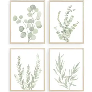 ALAYRA Botanical Boho Bathroom Decor Wall Art Prints, UNFRAMED Sage Green Plants Decor for BedroomOffice, Minimalist Eucalyptus Leaves Art Prints, Set of 4 Pictures, 8"x10" No Frames 01