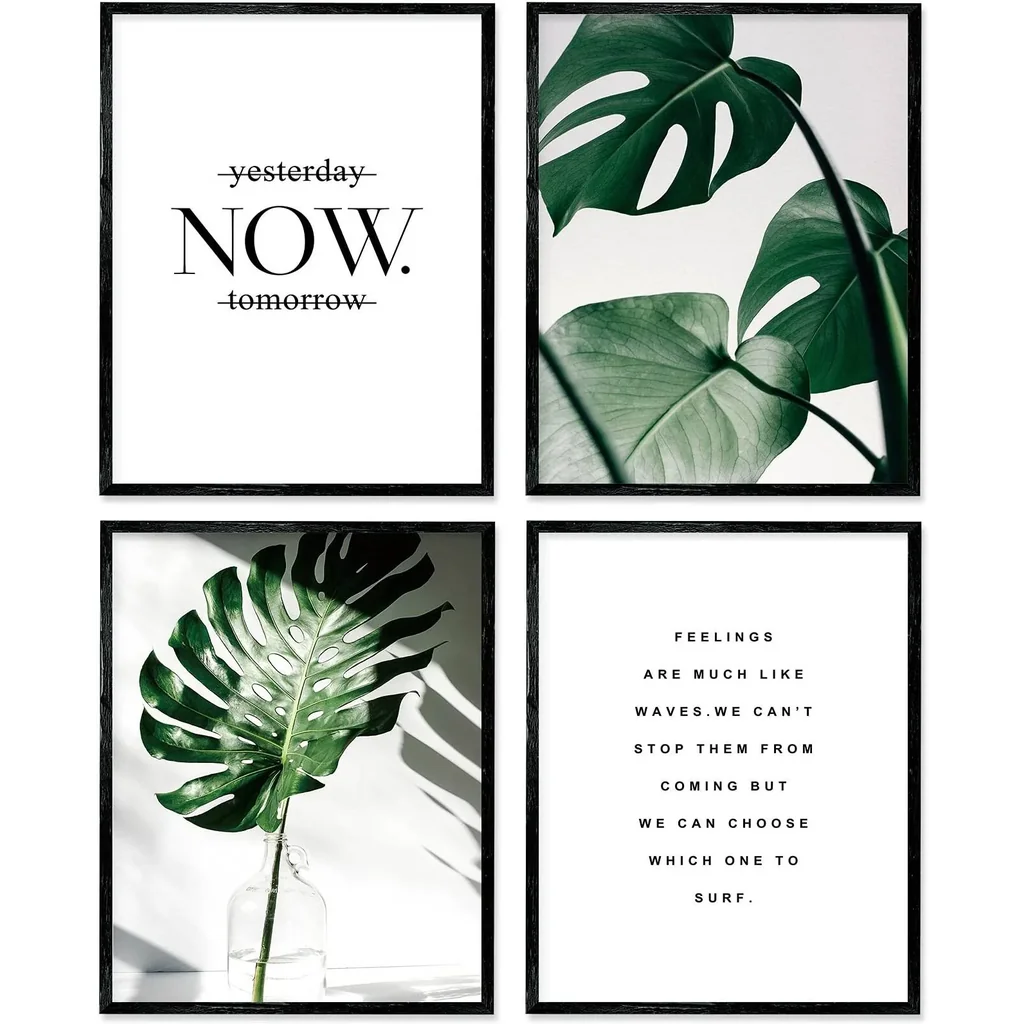 ALAYRA Botanical Leaf Wall Art, Motivational Wall Art Prints Canvas Poster, 8x10 Prints Unframed Set of 4 Plant Aesthetic for Bedroom Decor 01