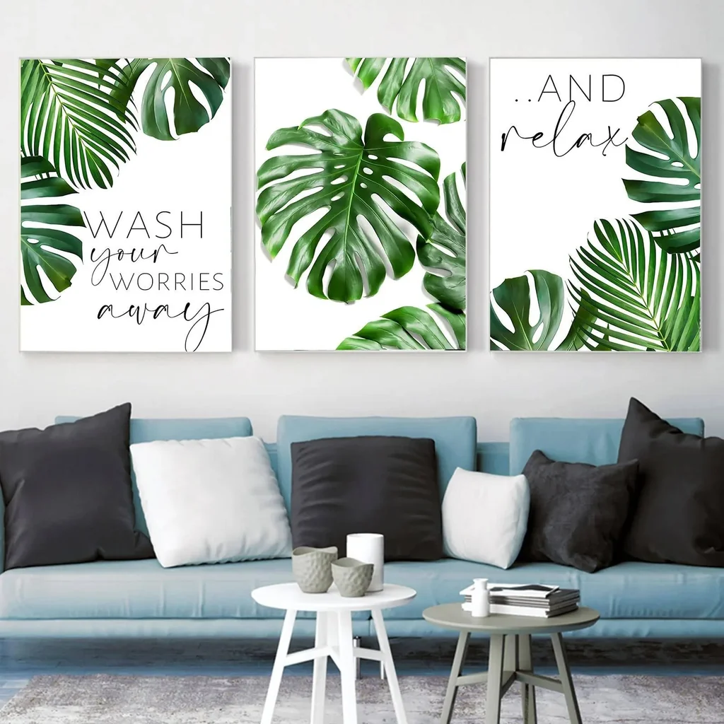 ALAYRA Botanical Plant Wall Art Prints Set of 3 Monstera Tropical Leaf Green Plant Poster Nordic Style Wall Art Canvas Decor, Modern Wall Art Pictures for Home Living Room Unframed 01