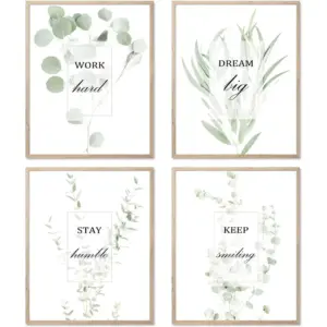 ALAYRA Botanical Plants Wall Art Prints, Boho Leaf Eucalyptus with Encouragement Words for Office/Bedroom Decor, Minimalist Sage Green Plants Canvas Posters, UNFRAMED (Set of 4, 11"x14") 01