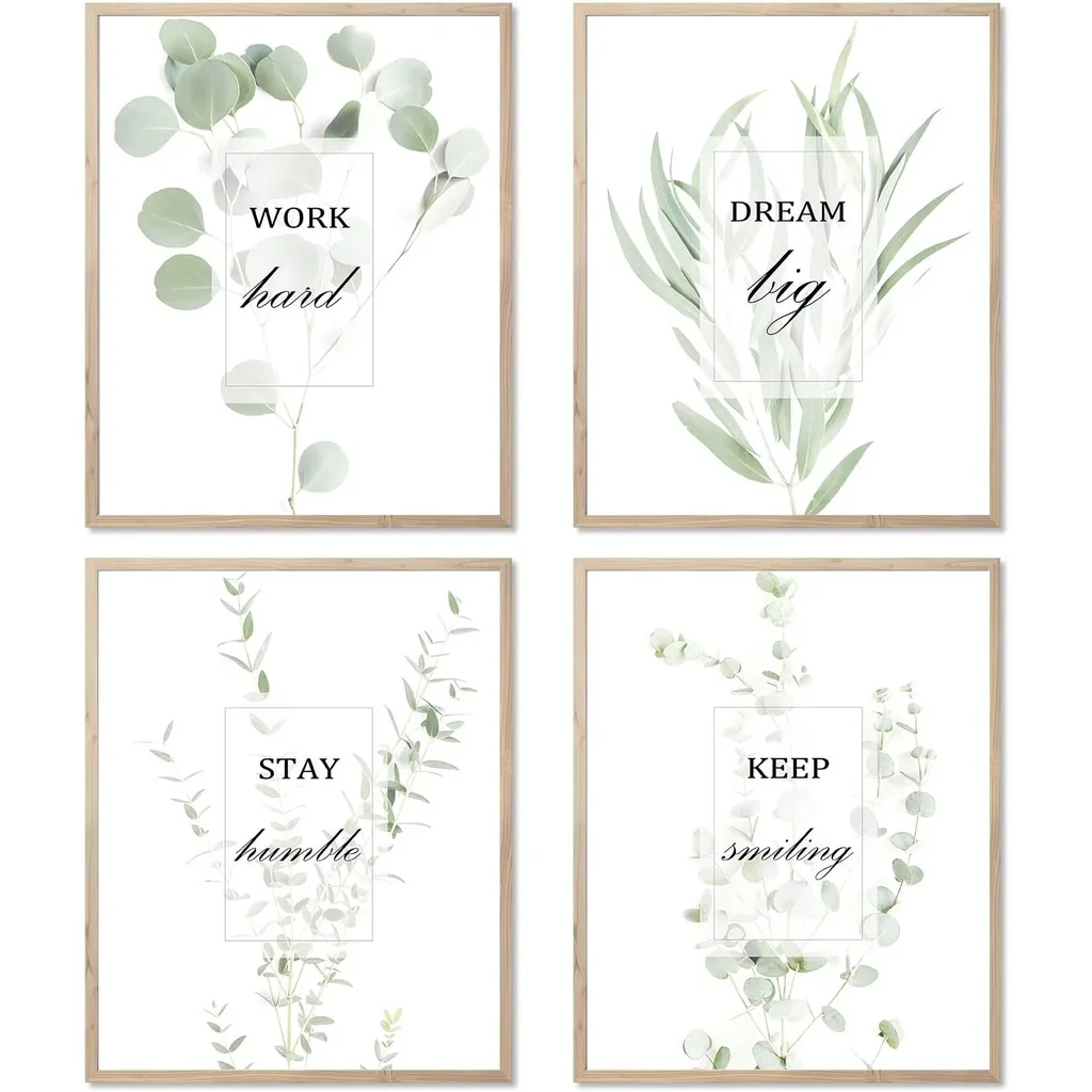ALAYRA Botanical Plants Wall Art Prints, Boho Leaf Eucalyptus with Encouragement Words for Office/Bedroom Decor, Minimalist Sage Green Plants Canvas Posters, UNFRAMED (Set of 4, 11"x14") 01 - Image 2