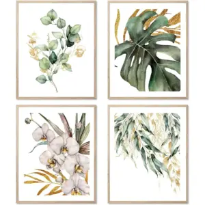 ALAYRA Botanical Print Leaves Wall Art Canvas Prints Plant Poster for Bedroom Living Room Wall Decor Gold and Green Leaves Unframed Set of 4 01