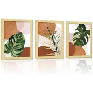 ALAYRA Botanical Prints Framed Boho Wall Art for Living room 12 x 16 inch 3 Piece Wood Framed Wall Art Decor for Bedroom Aesthetic Mid Century Modern Boho Home decor (Green plant) 01