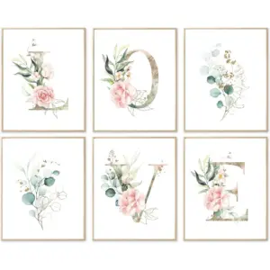 ALAYRA Botanical Wall Art Canvas Prints Set of 6 - Light Green and Gold Plant Leaf Pink Floral L O V E Alphabet Minimalist Boho Bathroom Living Room Bedroom Decor Pictures 8"x10" UNFRAMED 01