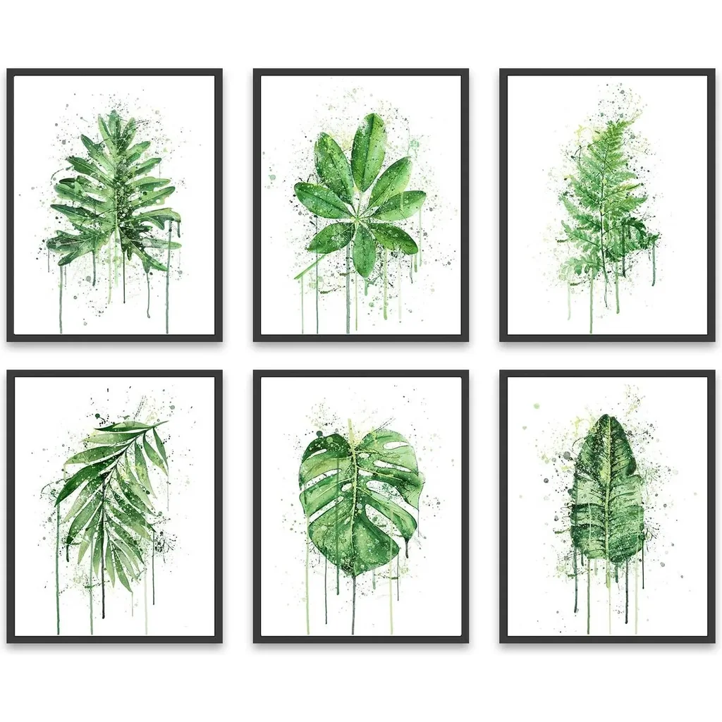 ALAYRA Botanical Wall Art Prints Style Tropical Leaves Canvas Decor Boho Plant Green Leaf Pictures Posters Set of 6 for Bedroom Home Office Decor Unframed 8"x10" 01