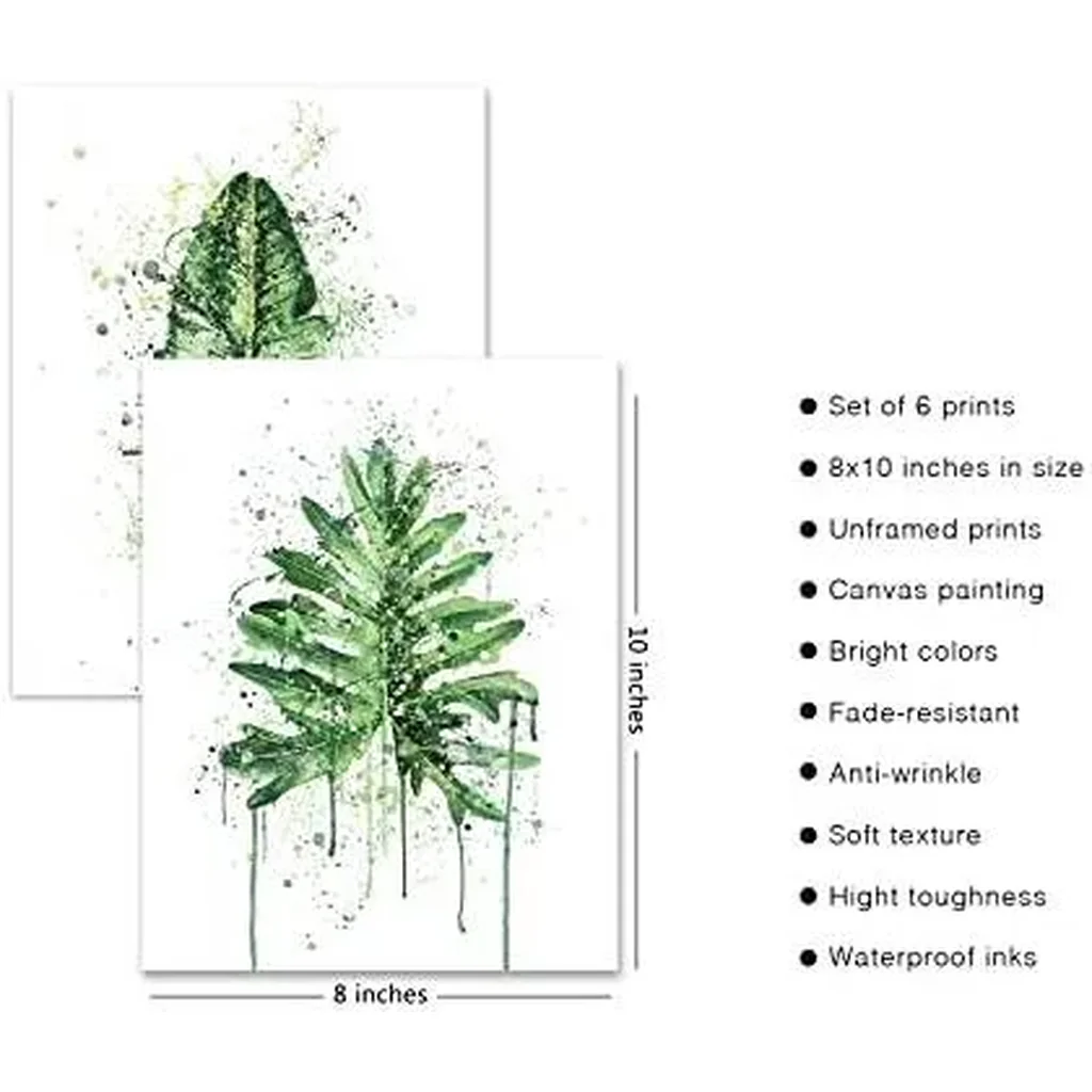 ALAYRA Botanical Wall Art Prints Style Tropical Leaves Canvas Decor Boho Plant Green Leaf Pictures Posters Set of 6 for Bedroom Home Office Decor Unframed 8"x10" 01 - Image 2