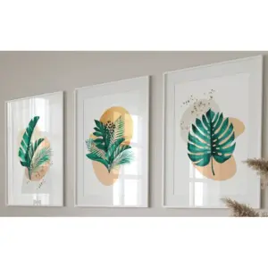 ALAYRA Botanical Wall Art Set of 3 Unframed Abstract Tropical Plant Decor, Living Room Bedroom Poster Home Decor, Cheese Plant Leaves Gold Green (A4) 01