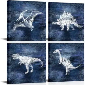 ALAYRA Boy Room Dinosaur Canvas Wall Art Cute Dino Picture Dark Blue Background Painting Artwork Giclee Printing Wall Decor Home Decoration for Kids' Room Bathroom 4 Piece 01