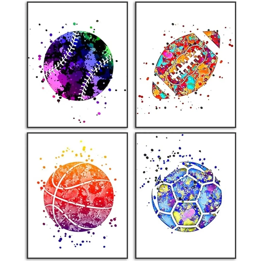 ALAYRA Boys Room Decor Sports Wall Art Football Baseball Soccer Basketball Poster Set of 4 Unframed (8''x10'') Pictures for Kids Bedroom Playroom Home Decorations Sport Themed Nursery Painting Waterco