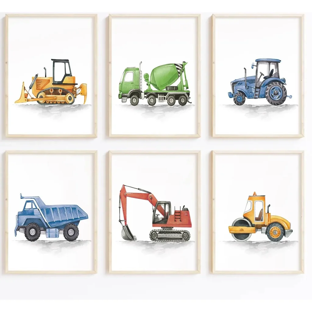 ALAYRA Boys Truck Wall Art Set of 6 Truck Vehicle Canvas Wall Art Decor Toddler Construction Wall Art Truck Pictures Kids Playroom Art Prints Nursery Artwork for Room Bedroom 8x10 Inch Unframed 01