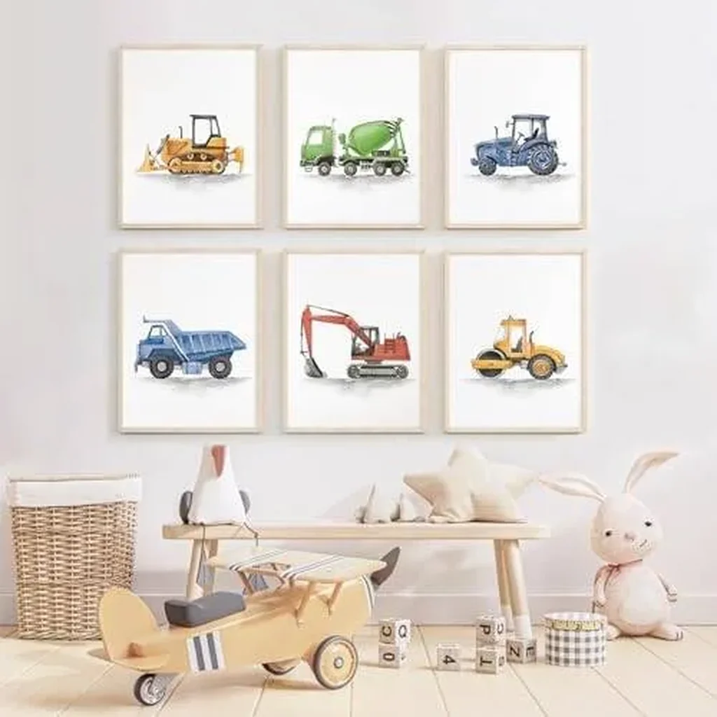 ALAYRA Boys Truck Wall Art Set of 6 Truck Vehicle Canvas Wall Art Decor Toddler Construction Wall Art Truck Pictures Kids Playroom Art Prints Nursery Artwork for Room Bedroom 8x10 Inch Unframed 01 - Image 3